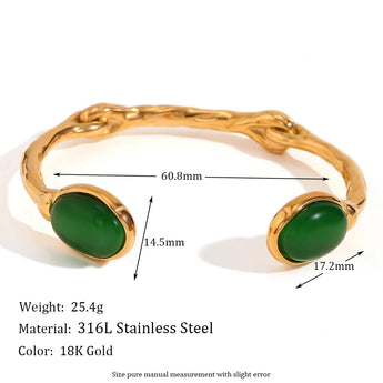 Gold Pink Cabochon Bracelet with green gemstone accents and gold metal detailing, luxury designer jewelry for women, featuring an elegant and fashionable design.