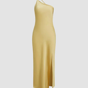 Gold Satin One-Shoulder Asymmetrical Evening Gown with Slit
