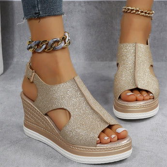 Gold sparkle peep toe wedge sandals with a chic summer platform espadrille design, showcasing a stylish and fashionable footwear choice.