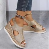 Gold sparkle peep toe wedge sandals with a chic summer platform espadrille design, showcasing a gold color in size 43.