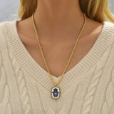 Gold Zodiac Medallion Necklace with Enamel Astrology Design for Women, shown on a neck, featuring intricate patterns and metallic finish.