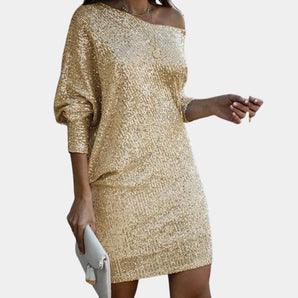 Golden sequin off-shoulder mini cocktail party dress in size 2XL, featuring a sheath silhouette with short sleeves and a shimmering gold finish.