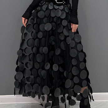Gothic black high-waist layered circle skirt with an elegant, flowing design, showcasing alternative fashion style.