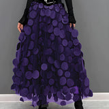 Gothic black high-waist layered circle skirt in a deep purple color, showcasing an alternative fashion style with a focus on a structured design, featuring a fitted waist and flowing layers.