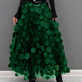 Gothic black high-waist layered circle skirt in a forest green color, showcasing a flowing, elegant design suitable for alternative fashion. The skirt features multiple layers and a high waist, perfect for formal or day wear.