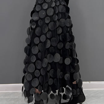 Black high-waist layered circle skirt, featuring a gothic alternative fashion style with a unique artistic pattern.