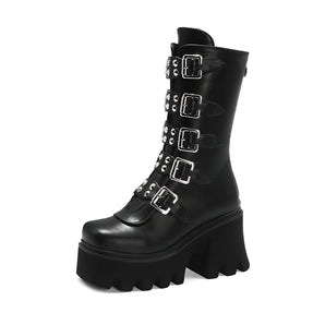 Gothic Black Knee-High Chunky Platform Boots with Buckles