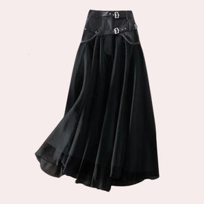 Gothic high waist black layered chiffon skirt with belt in size 3XL, showcasing a flowing, multi-layered design that creates a voluminous silhouette.