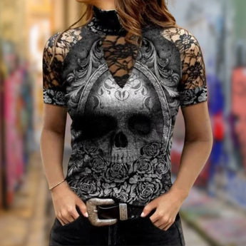 Gothic Skull Lace High Collar Top in Nero for women, featuring a high lace collar, long sleeves, and edgy fashion design, shown in XL size.