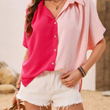 Gradient pink ombre blouse for women, featuring lightweight fabric suitable for summer; shown in size 2XL with short sleeves and a stylish neckline, paired with white shorts.