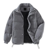 Gray corduroy men's urban winter jacket in 3XL size, featuring a high collar, insulated lining, long sleeves, and pockets.