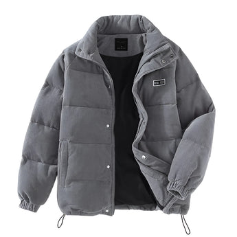 Gray corduroy men's urban winter jacket in 3XL size, featuring a high collar, insulated lining, long sleeves, and pockets.