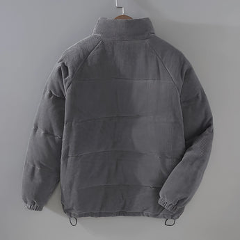 Gray corduroy men's urban winter jacket with a high collar and insulated design, featuring long sleeves and a stylish, textured fabric.