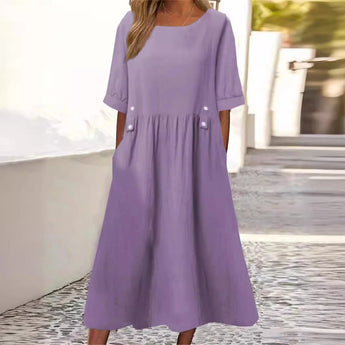 Gray midi dress in a loose-fit style featuring elbow-length sleeves, suitable for summer. The dress is made of cotton and designed for streetwear. Available in a Viola shade in size 3XL.