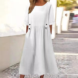 Gray midi dress with a loose fit and elbow-length sleeves, made from cotton, suitable for streetwear.