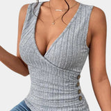 Gray ribbed sleeveless tank top featuring a deep V-neck and button detailing.