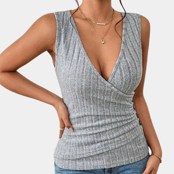 Gray ribbed deep V-neck sleeveless tank top with buttons, shown in an XL size, highlighting its gray color and deep neckline.