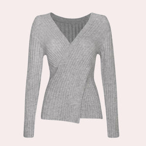 Gray ribbed knit cross-front V-neck sweater for women, featuring long sleeves and a cozy woolen texture, designed for winter fashion.