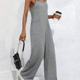 Gray sleeveless wide leg jumpsuit in size XL, designed for casual summer wear, featuring a one-piece garment style with a fitted waist and relaxed wide-leg silhouette.