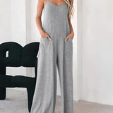 Gray sleeveless women's casual wide leg jumpsuit, perfect for summer loungewear, showcasing a comfortable, relaxed fit with shoulder straps and a V-neck design.