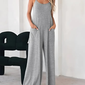 Gray sleeveless women's casual wide leg jumpsuit, perfect for summer loungewear, showcasing a comfortable, relaxed fit with shoulder straps and a V-neck design.