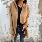 Gray women's long cardigan in khaki, size XXL, featuring zippered pockets, long sleeves, and a collar, suitable for fall fashion.