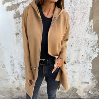 Gray women's long cardigan in khaki, size XXL, featuring zippered pockets, long sleeves, and a collar, suitable for fall fashion.