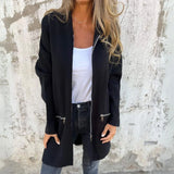 Gray women's long cardigan with zippered pockets, featuring a modern design suitable for fall fashion, shown in black color, XXL size. The cardigan has long sleeves and a comfortable fit, ideal for layering over other clothing items.