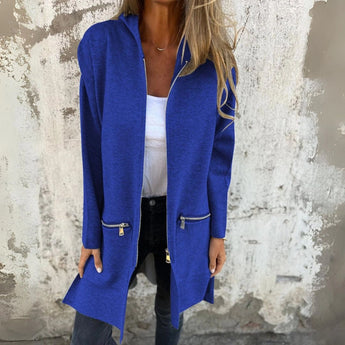 Gray women's long cardigan featuring a stylish design with zippered pockets, shown in a blue color and XXL size, perfect for fall fashion.