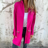 Pink women's long cardigan with zippered pockets, featuring a full-length design and long sleeves, perfect for fall fashion.