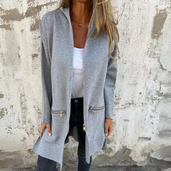 Gray women's long cardigan in light gray, size XXL, featuring zippered pockets, with a stylish collar and long sleeves, ideal for fall fashion.