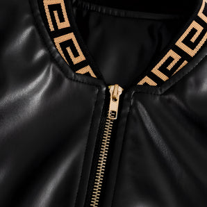Greek Key Black Leather Jacket with Gold Zipper - Luxury Designer Fashion