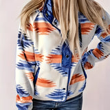 Woman wearing a Green Aztec Print Zip-Up Bomber Jacket over jeans, showcasing the stylish winter outerwear in a Real Blue color, size 2XL.