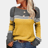 
A yellow and green color block knit sweater designed for women's autumn fashion, featuring long sleeves, a round neckline, and a slightly loose fit suitable for size 2XL.