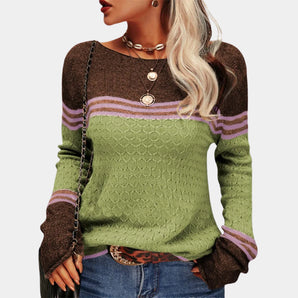 Green color block knit sweater for women, featuring a stylish autumn fashion pullover design with long sleeves, a round neckline, and a comfortable fit in size 2XL.