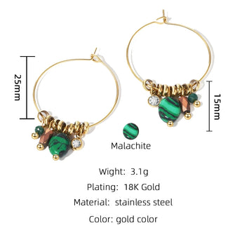 Pair of Green Crystal Gold Hoop Earrings by YA-CHAN Luxury Designer Jewelry, featuring aqua-colored natural crystals in a circular gold hoop design.