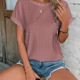 Green Eyelet Short Sleeve Blouse with Laser Cut Detailing, Breathable Fabric, Trendy Fashion Design