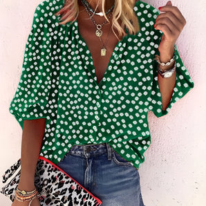 Green floral V-neck blouse featuring a casual chic boho style, ideal for spring wear. The top is designed with long sleeves and is shown in a size XXXL.