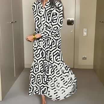 Women's green geometric long sleeve midi dress, featuring a fitted waist, crew neckline, and elegant design suited for fall fashion.