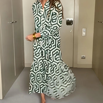 Green geometric long sleeve midi dress for women, featuring a stylish collar and fitted waist, perfect for fall fashion and day wear.