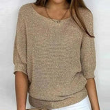 A women's casual lightweight green knit sweater featuring long sleeves, a round neckline, and a comfortable fit, shown in a beige color and size 5XL.