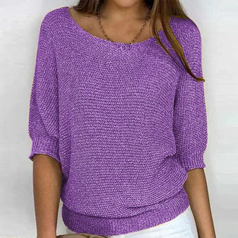 Women's casual green knit sweater in the Viola color, displayed in size 5XL. The image highlights the lightweight fabric suitable for spring, with a focus on the sweater's long sleeves, round neckline, and relaxed fit.