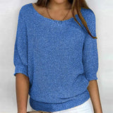 Blue knit sweater for women in 5XL size, featuring a casual lightweight design suitable for spring. The sweater has long sleeves and a round neck, shown on a model against a white background.