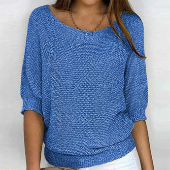 Blue knit sweater for women in 5XL size, featuring a casual lightweight design suitable for spring. The sweater has long sleeves and a round neck, shown on a model against a white background.