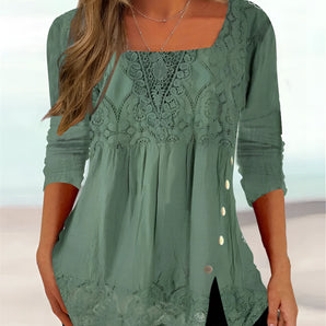 Women's 3/4 sleeve green lace bohemian peasant blouse in size 2XL, featuring a relaxed fit with a round neckline and stylish lace detailing.