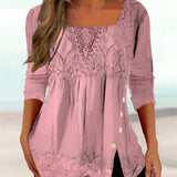 Pink lace bohemian peasant blouse with 3/4 sleeves for women, displayed in size 2XL.