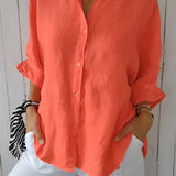Women's relaxed fit button-down blouse in orange color, featuring a linen fabric with long sleeves and a classic collar design, suitable for plus size (5XL).