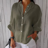 Green linen shirt for women in a relaxed fit with button-down front, featuring a collar and long sleeves, displayed in size 5XL. The model is wearing sunglasses.