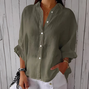 Green linen shirt for women in a relaxed fit with button-down front, featuring a collar and long sleeves, displayed in size 5XL. The model is wearing sunglasses.