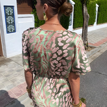 Green Pink Leaf Chiffon Dress featuring short sleeves and a fashionable summer design with a focus on the waist and shoulder area.